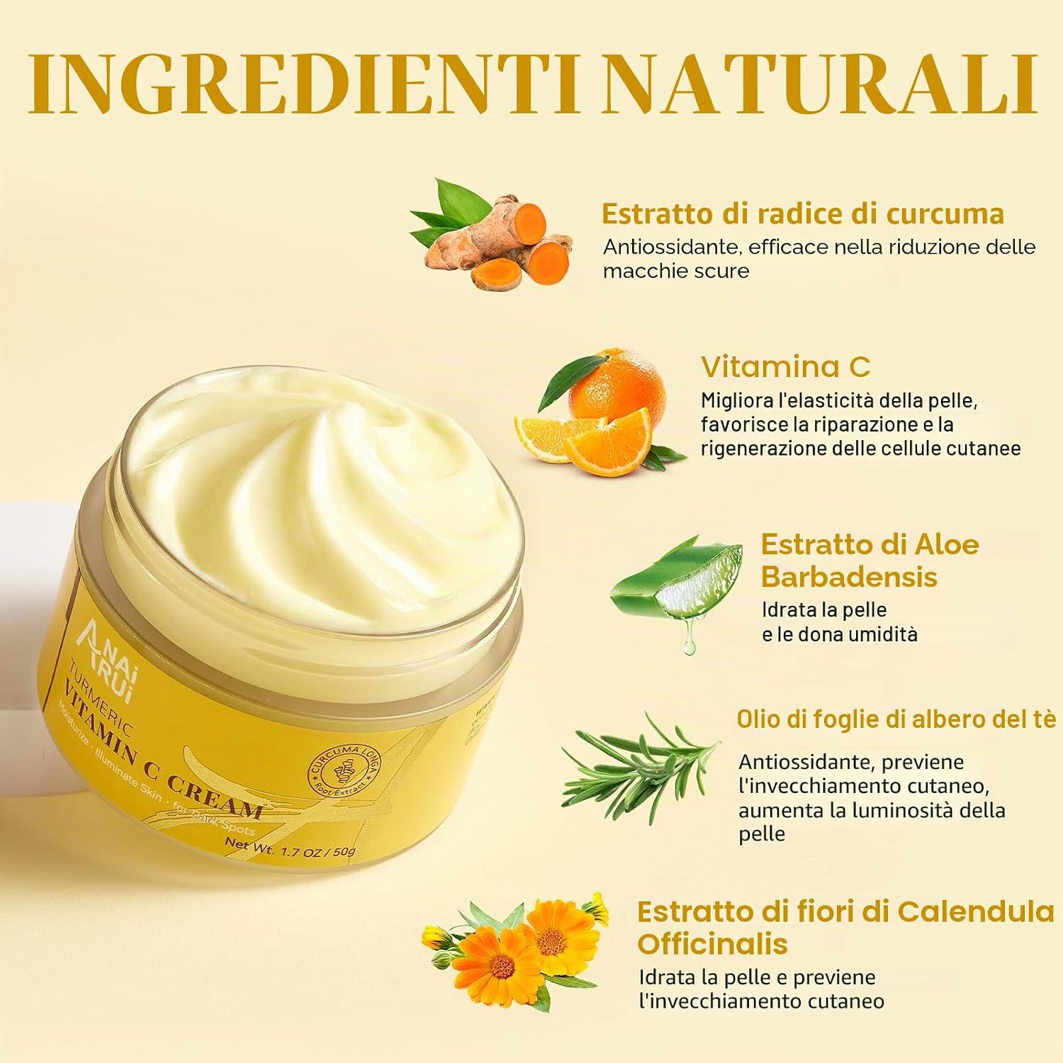 Detalle de ANAiRUi Crema viso alla curcuma e vitamina C con collagene (pelle secca) 50 g