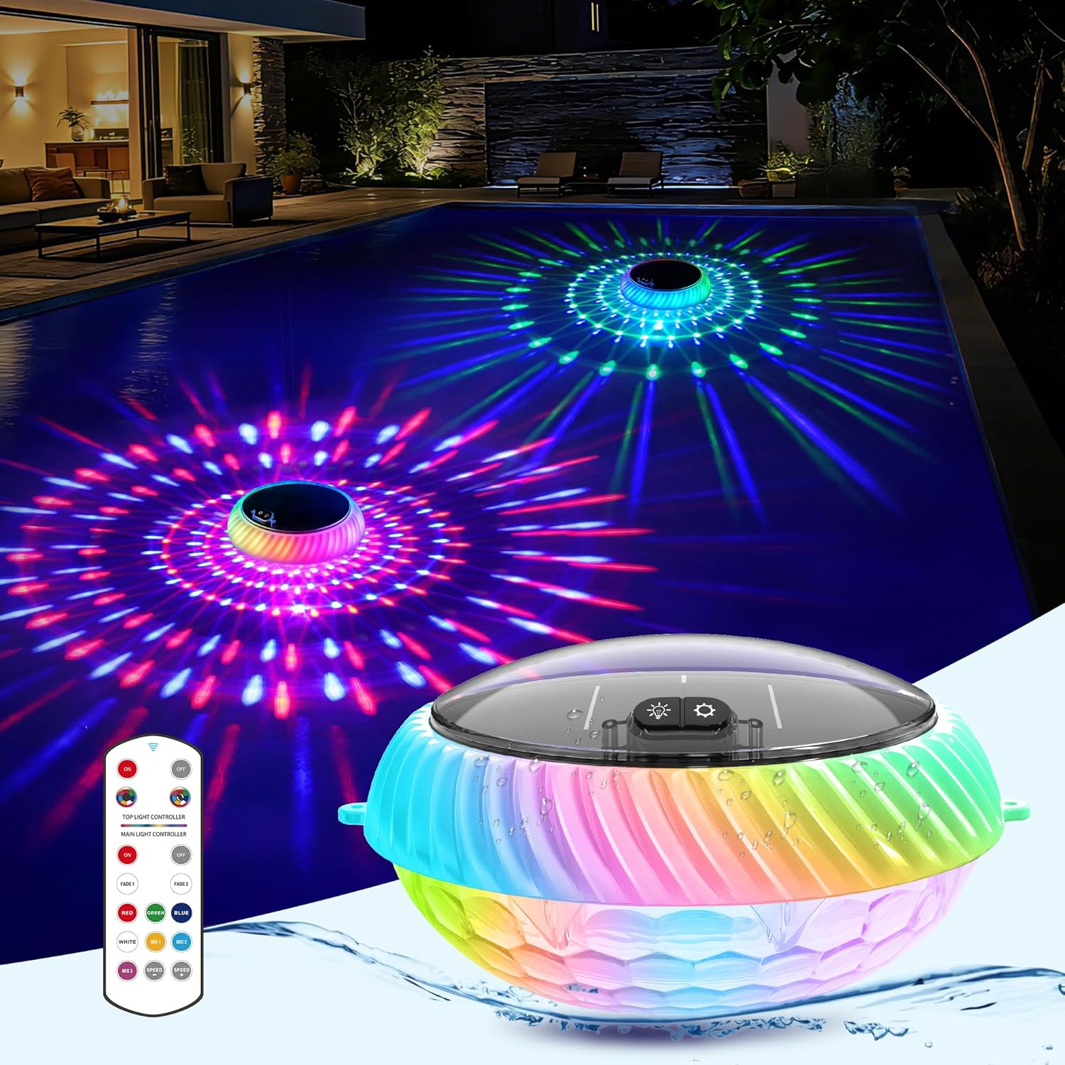 Detalle de AearKing Lumière Piscine Flottante avec Télécommande — Éclairage LED RGB Solaire IP68