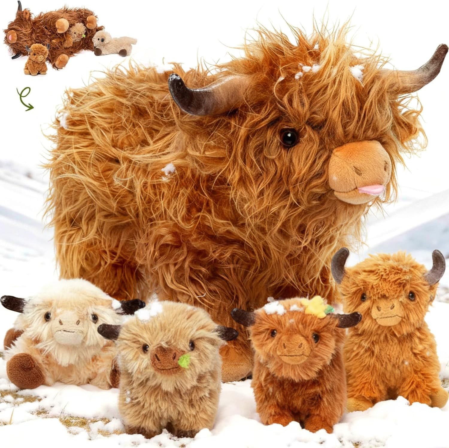 Detalle de OUOZZZ Highland Cow Kuscheltier 36 cm mit 4 Babys im Bauch – 2-in-1 Plüschtier mit verstecktem Reißverschluss