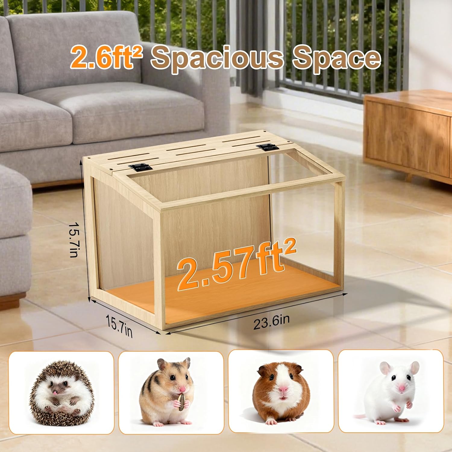 Detalle de BingoPaw Wooden Hamster Cage (Openable Top with Tempered Glass) with Built-in LED Light – 60 x 40 x 40cm