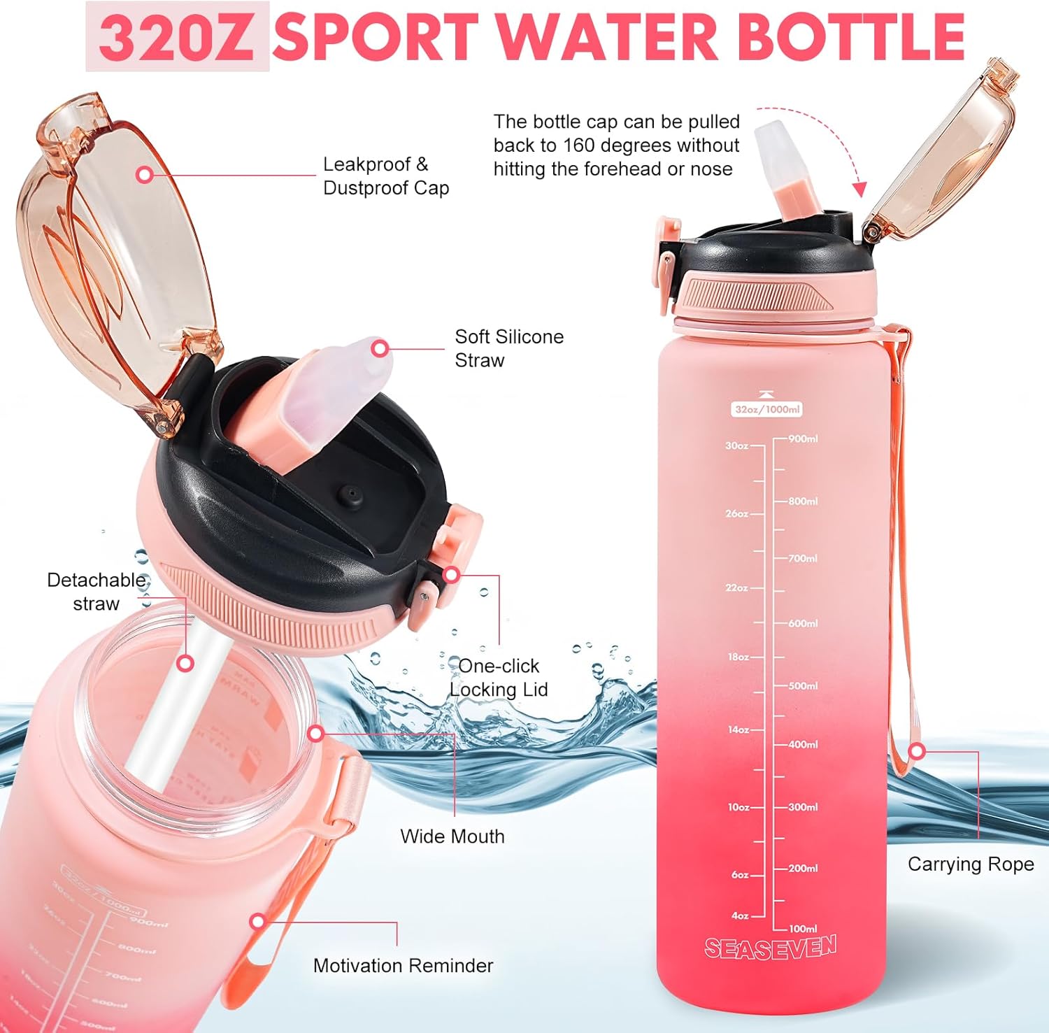 Thumbnail 2 de SEASEVEN 1L Tritan water bottle with straw (BPA-free, leak-proof) in gradient pink
