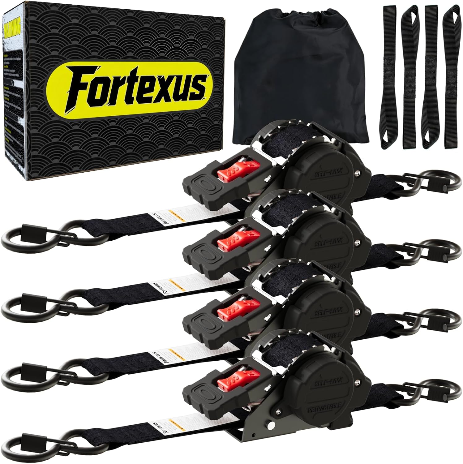 Fortexus Retractable Ratchet Straps 1'' x 12 ft – 4 Pack (1760 lb) for ATV, Trailer, and More