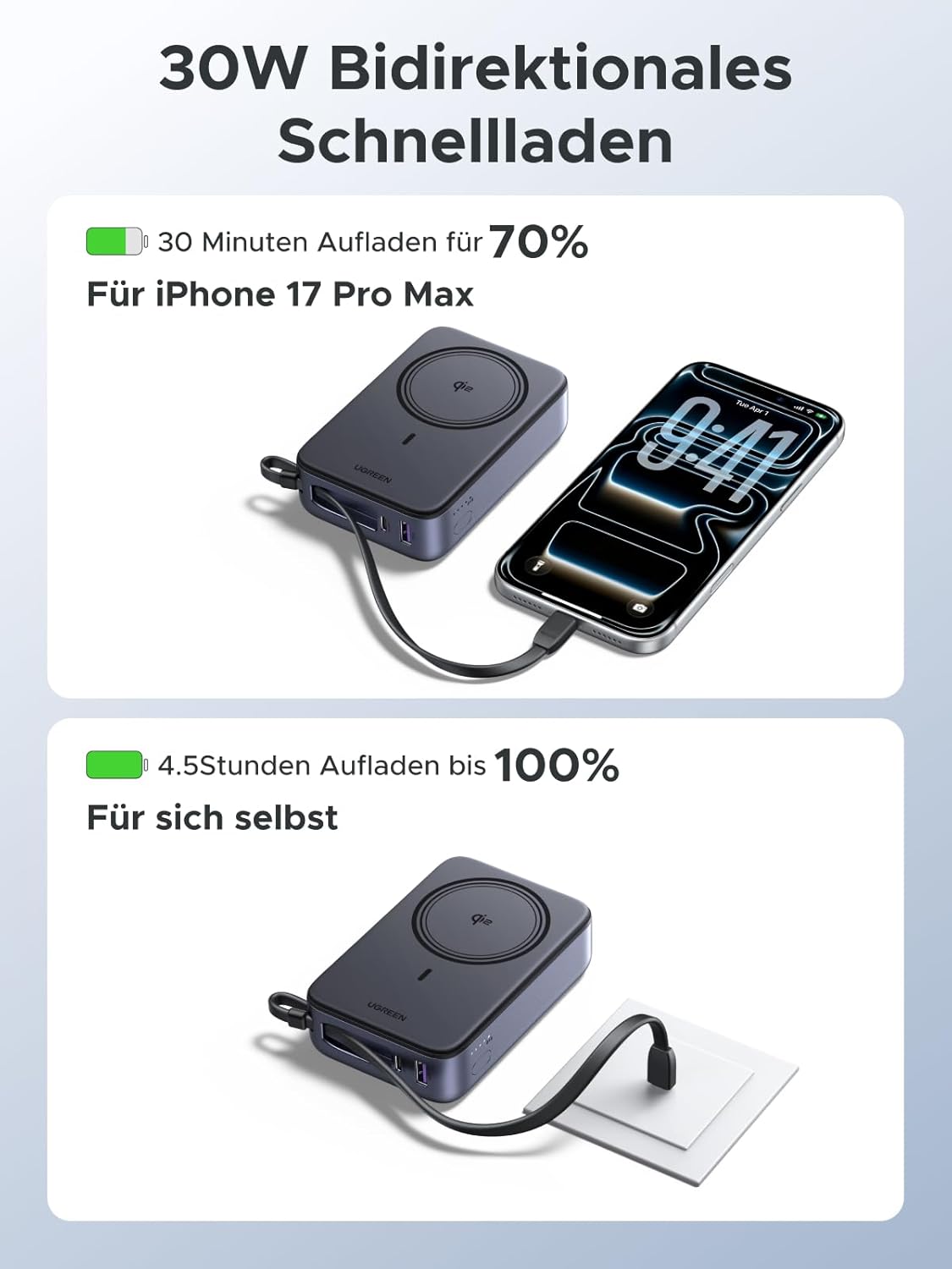 Thumbnail 2 de UGREEN Zapix Qi2 15W MagSafe Powerbank (20000 mAh) mit integriertem USB-C-Kabel – Qi2-zertifiziert