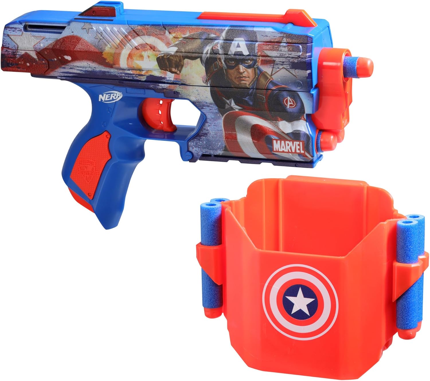 Detalle 2 de Nerf Marvel Captain America – Blaster à fléchettes avec holster et 10 fléchettes Nerf Elite