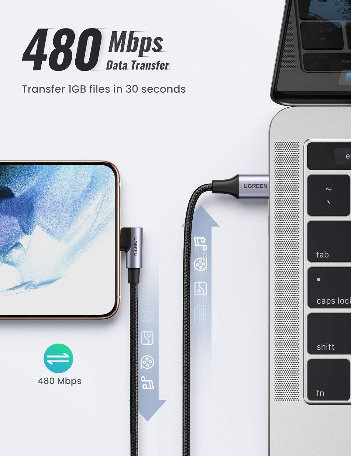 Thumbnail 4 de UGREEN 50125 USB-C to USB-C Cable, 60W, 2 m, Right-Angle Connector