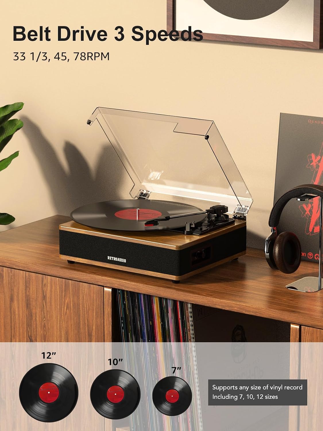 Detalle 2 de RetroAudio UD005 Bluetooth Turntable with Stereo Speakers, 3 Speeds, Light Walnut