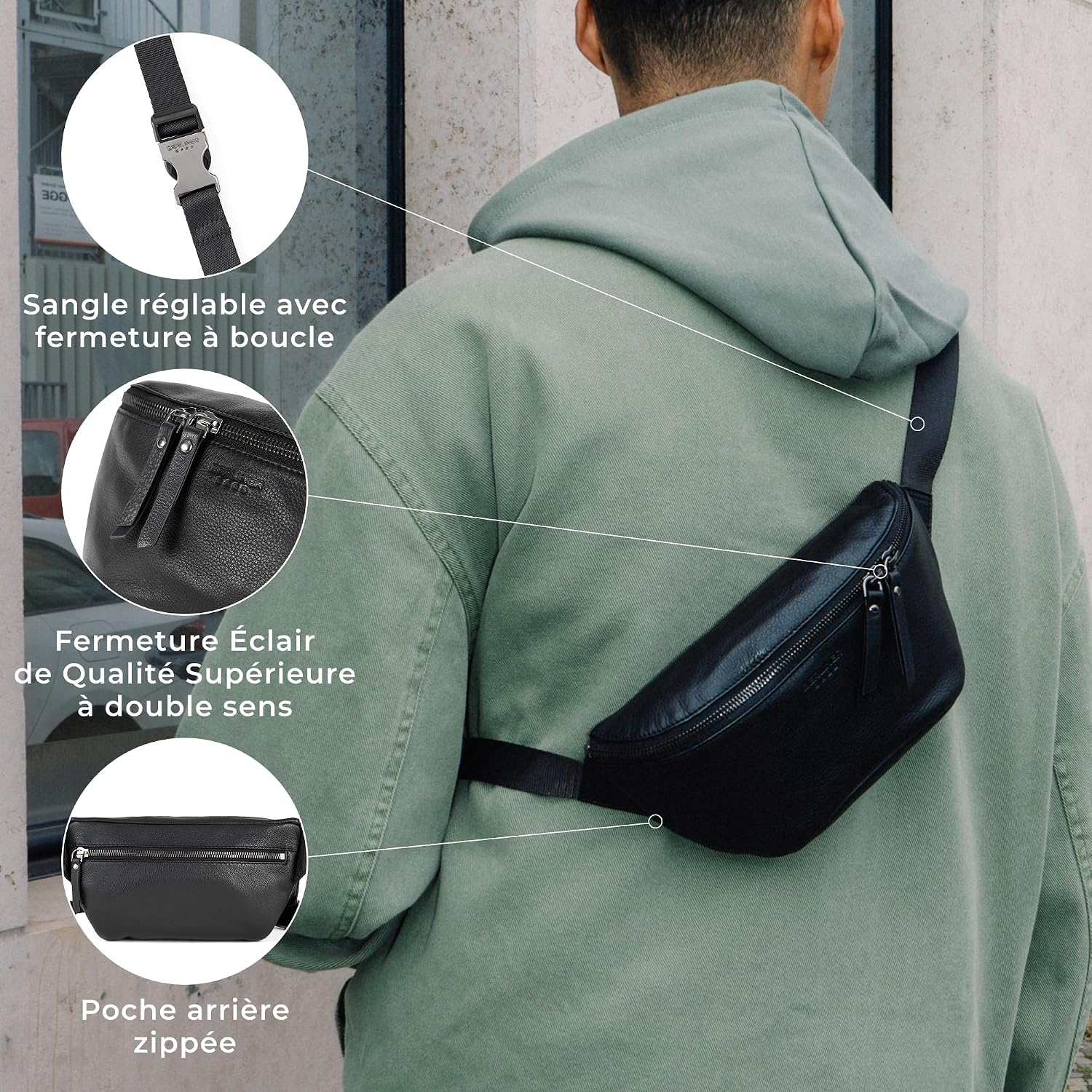 Detalle 1 de Berliner Bags Noah Sac Banane en Cuir Noir