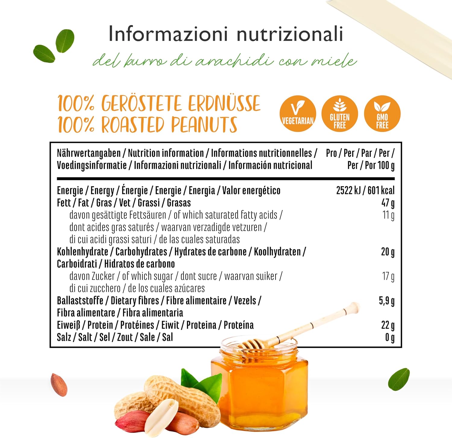 Detalle 2 de Burro di arachidi naturale con miele (1 kg) ad alto contenuto proteico, senza sale aggiunto