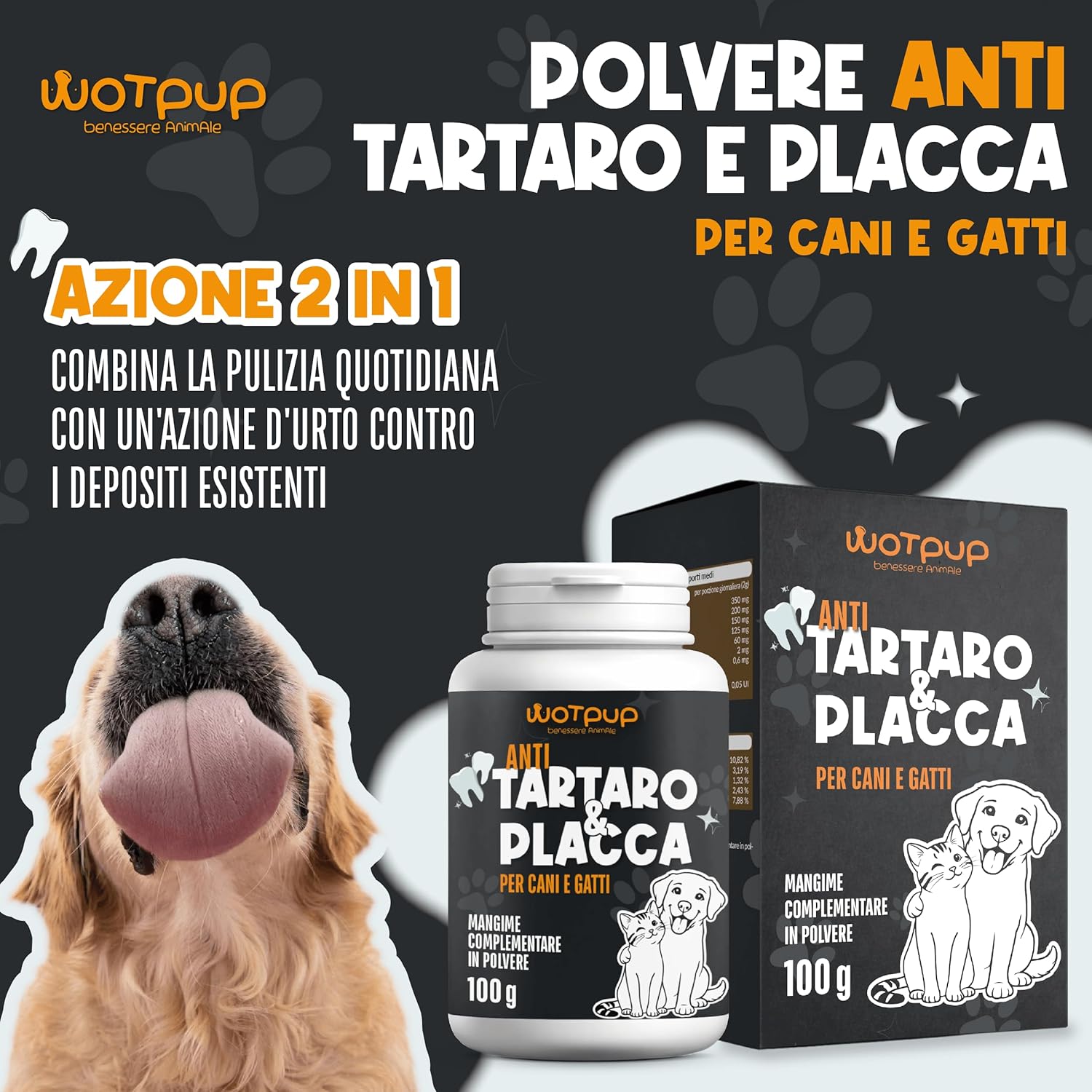 Detalle de Pulizia Denti Cane e Gatto, Polvere Dentale Sciogli Tartaro e Placca – Dental Bright, 100 g (50 Dosi)