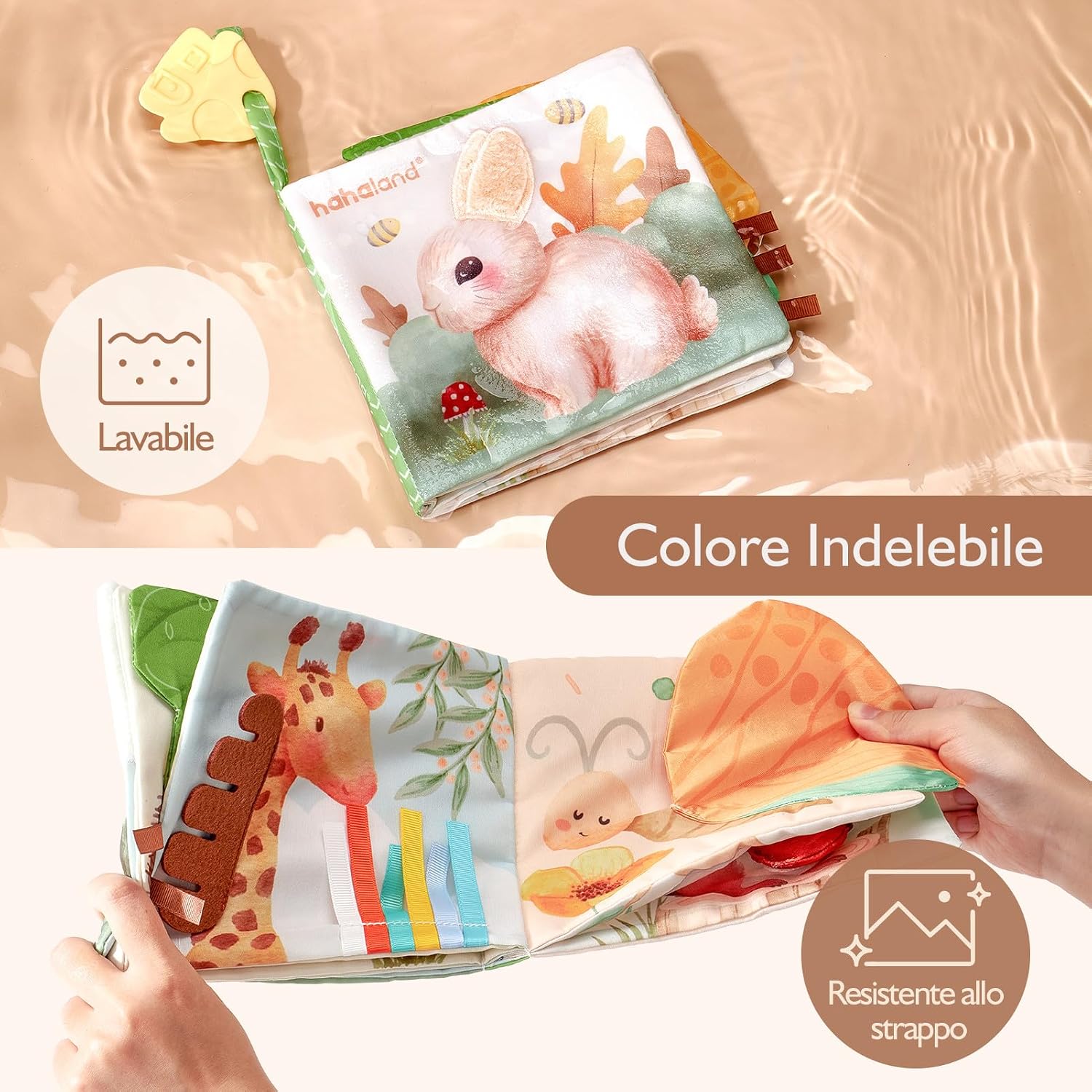 Thumbnail 4 de hahaland Libri di Stoffa Neonati 0-6 Mesi – Libro Tattile Interattivo con Animali e Specchio per Passeggino