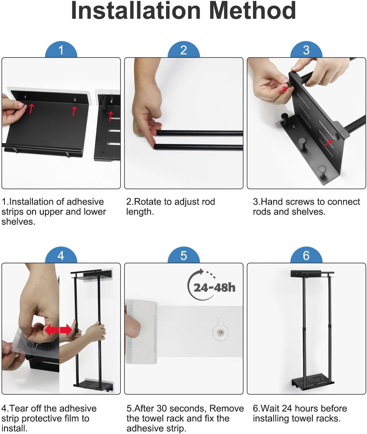 Detalle de LIVEHITOP UGA509 handdoekenrek met verstelbare stang, plank en 3 haken, zwart