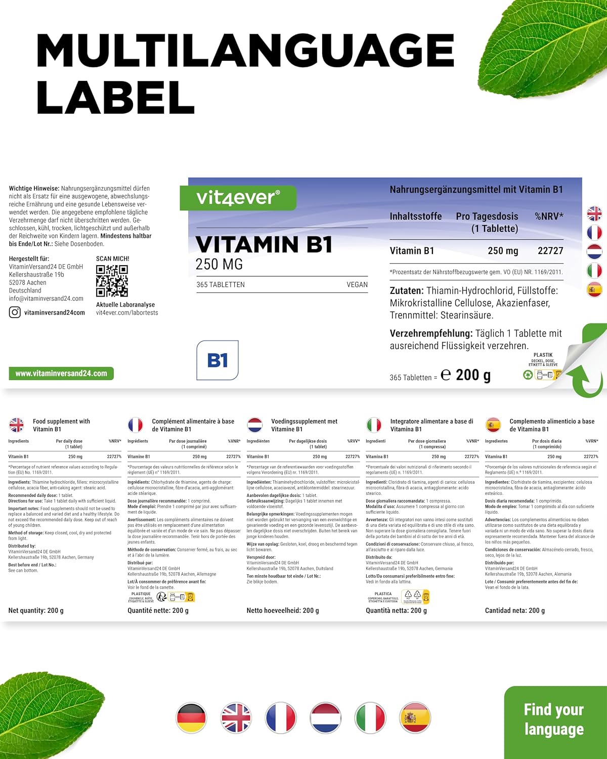 Detalle de vit4ever Vitamin B1 (Thiamin) 250 mg – 365 Tabletten für 12 Monate (vegan)