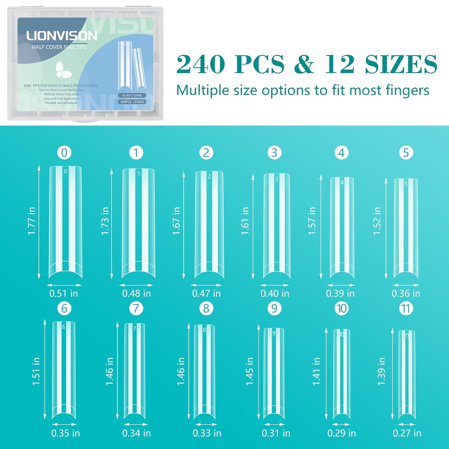 Detalle de LIONVISON JIO027 XXL Square Nail Tips, Clear Half-Cover, No-C-Curve, 12 Sizes