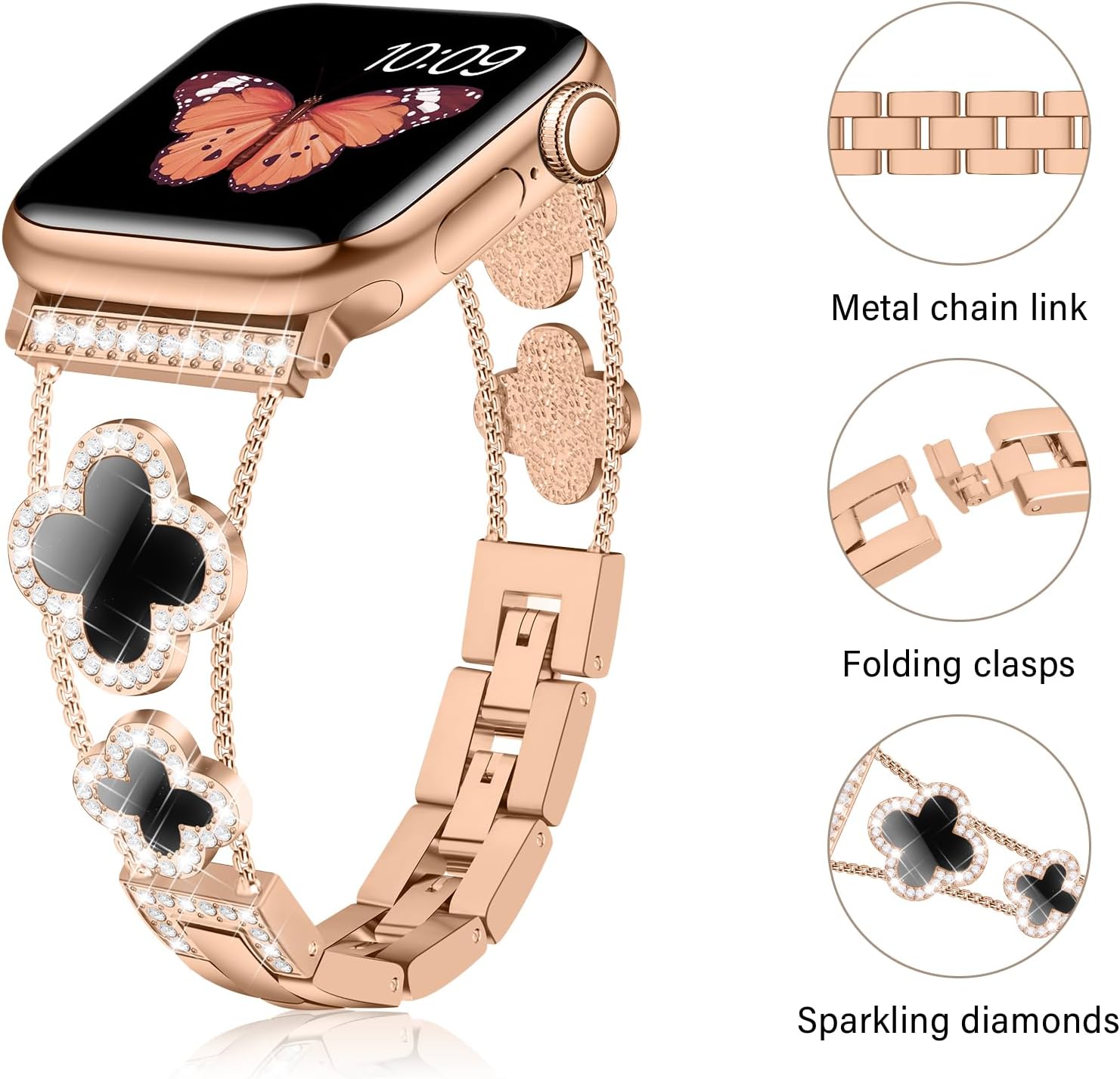 Detalle de Tasikar Bling Diamond Women Straps for Apple Watch 42–49mm (Rose Gold/Black)