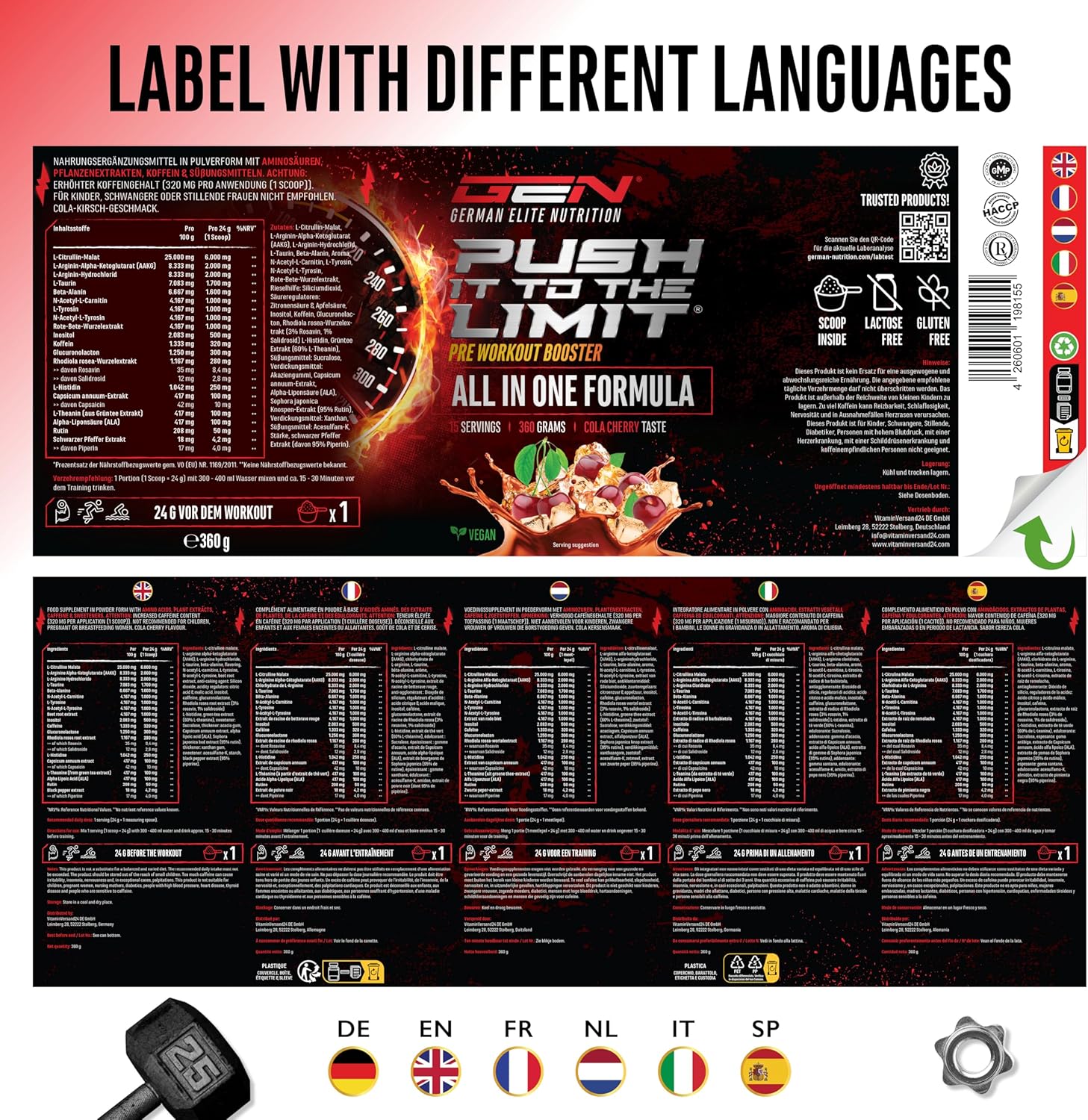 Thumbnail 6 de Push it to the Limit Pre Workout mit L-Arginin, Citrullin & Koffein – Hochdosiert, 360 g (Cherry Kiwi) – 15 Anwendungen