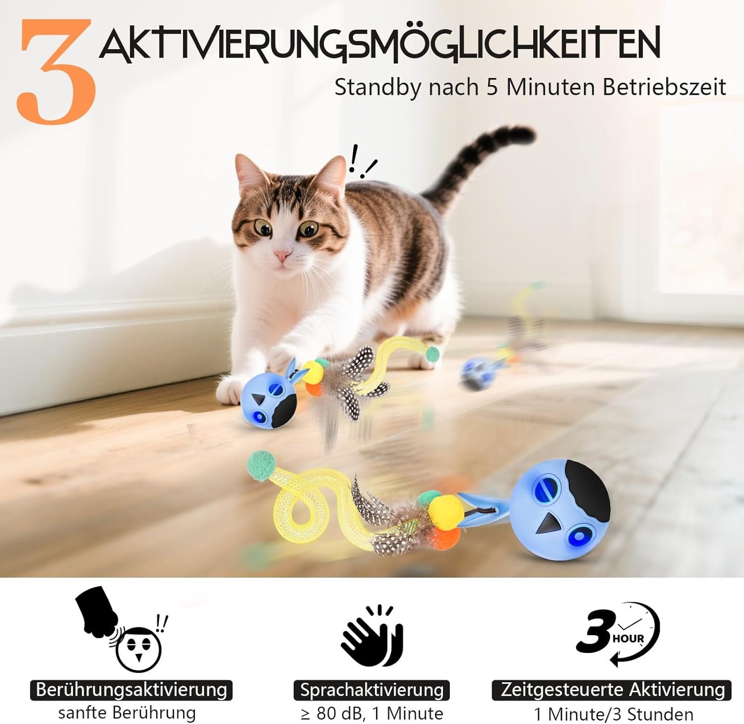 Detalle de Zeepet Katzenspielzeug Ball – Interaktiver, berührungsempfindlicher Katzenspielball mit Vogel‑Schwänzen