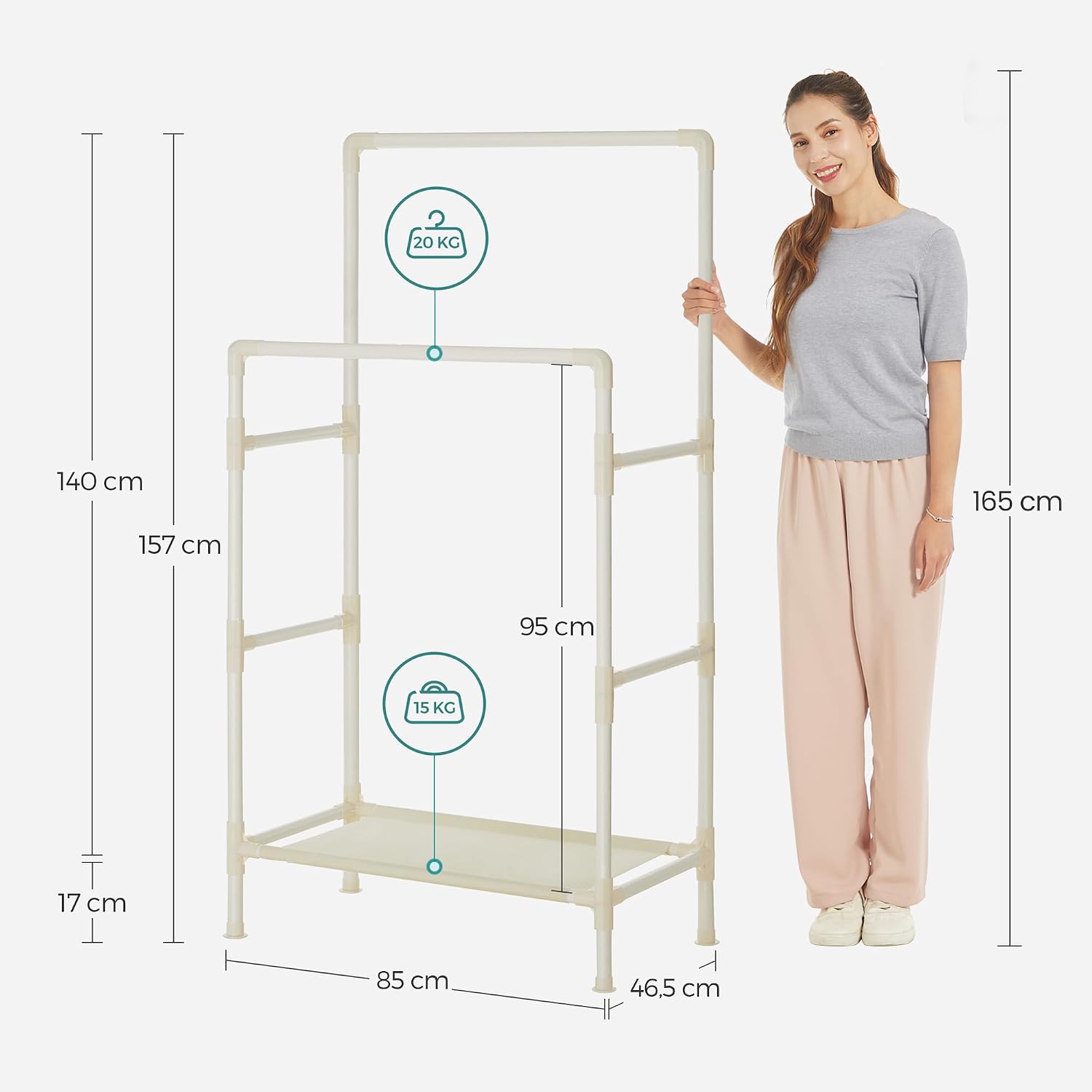 Detalle de SONGMICS Stand Appendiabiti con 2 barre RDR01WT, bianco, struttura in metallo da terra