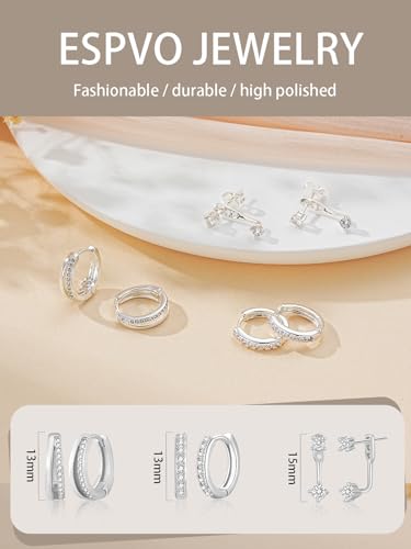 Detalle de ESPVO Sterling Silver Hoops Earrings Set for Women – Hypoallergenic S925 5 Styles