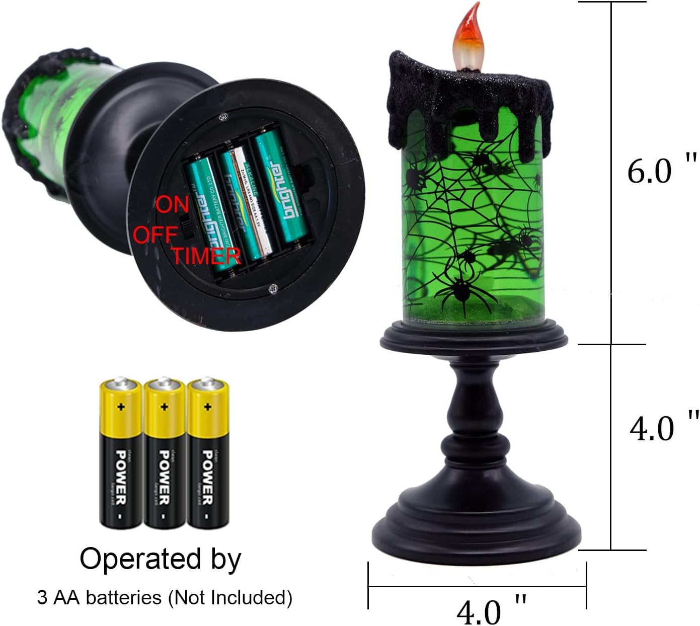 Detalle 2 de Eldnacele RD001-G Spider Halloween Snow Globe Candle, Green LED, 4" x 10
