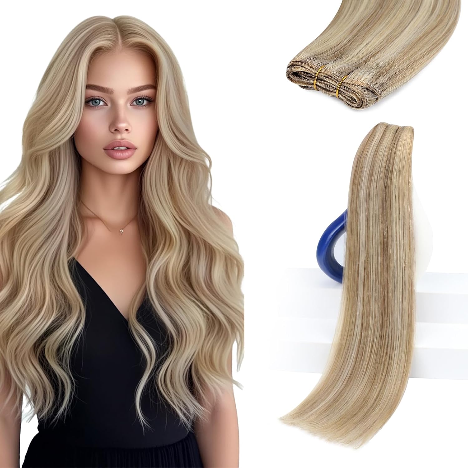 Detalle de Sunny Hair 22 Inch Weft Hair Extensions – Remy Human Hair, Double-Wefted, Dark Honey Blonde Mix