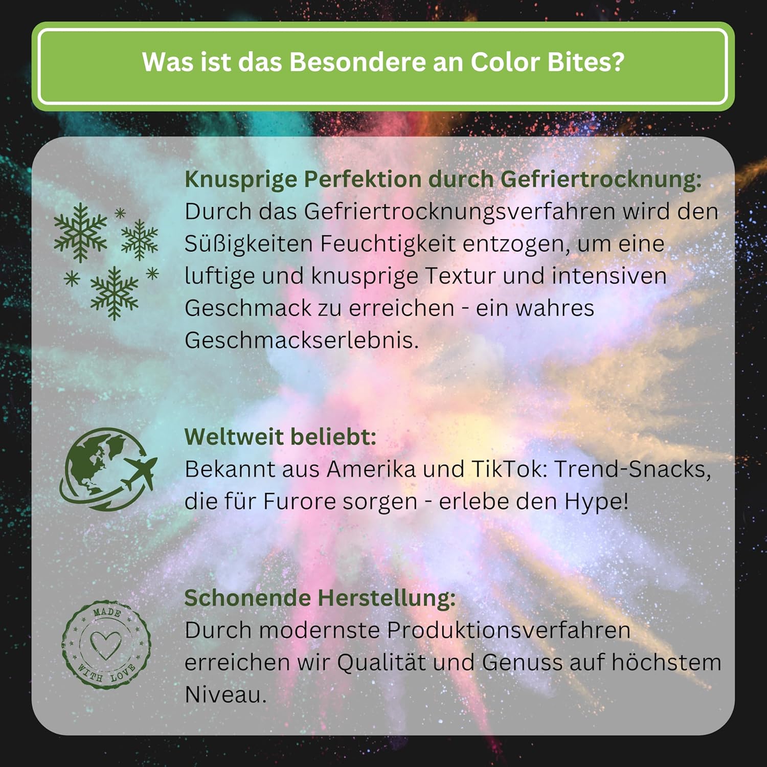 Detalle de Color Bites – Gefriergetrocknete Süßigkeiten (4x100 g) Knusprige Vegane Bonbons – Amerikanischer Trend auf TikTok