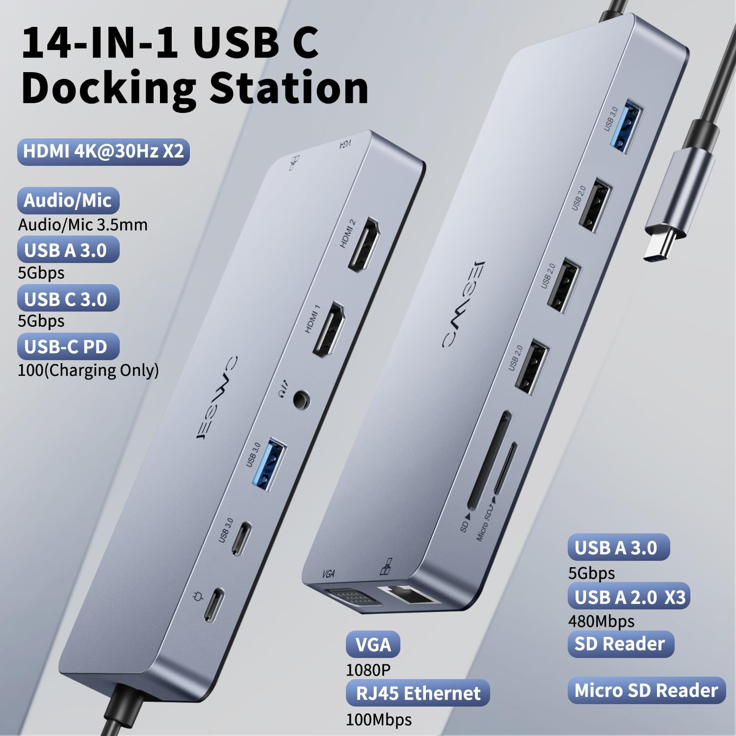 Detalle 2 de JESWO Docking Station Dual Monitor USB‑C Hub 14‑in‑1
