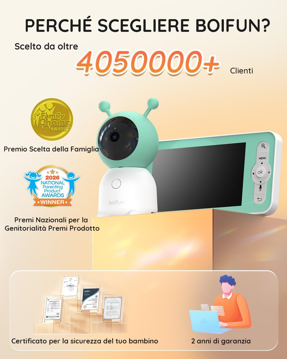 Thumbnail 1 de BOIFUN 2K Baby Monitor WiFi: Telecamera 360° con Luci Notturne, Display 5'' e Controllo App