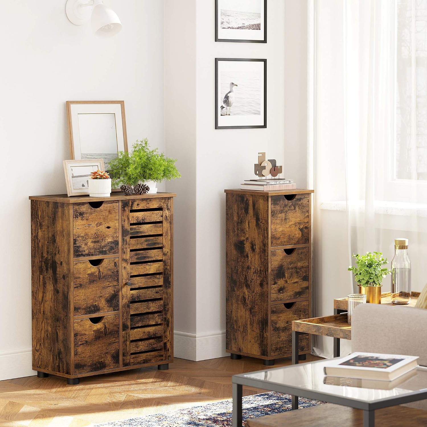 Detalle de VASAGLE BBK143X01 Bathroom Floor Cabinet, Rustic Brown, 3 Drawers
