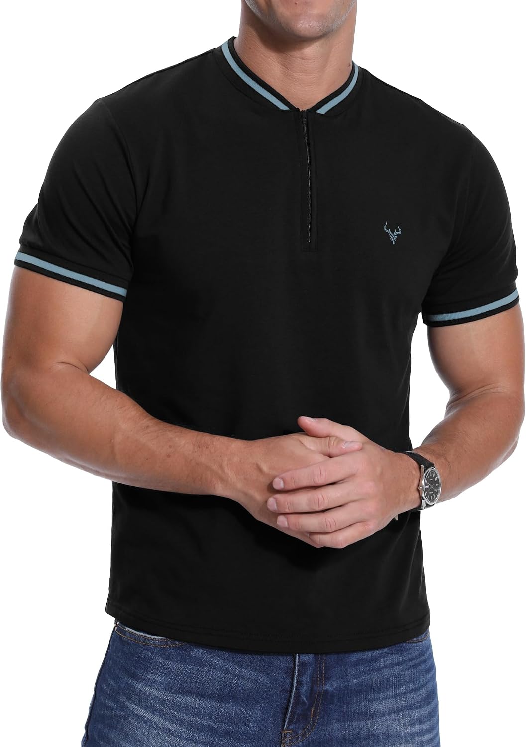 Detalle de PCEAIIH Men's Henley T-Shirt with Zip Stand Neck and Deer Head Embroidery