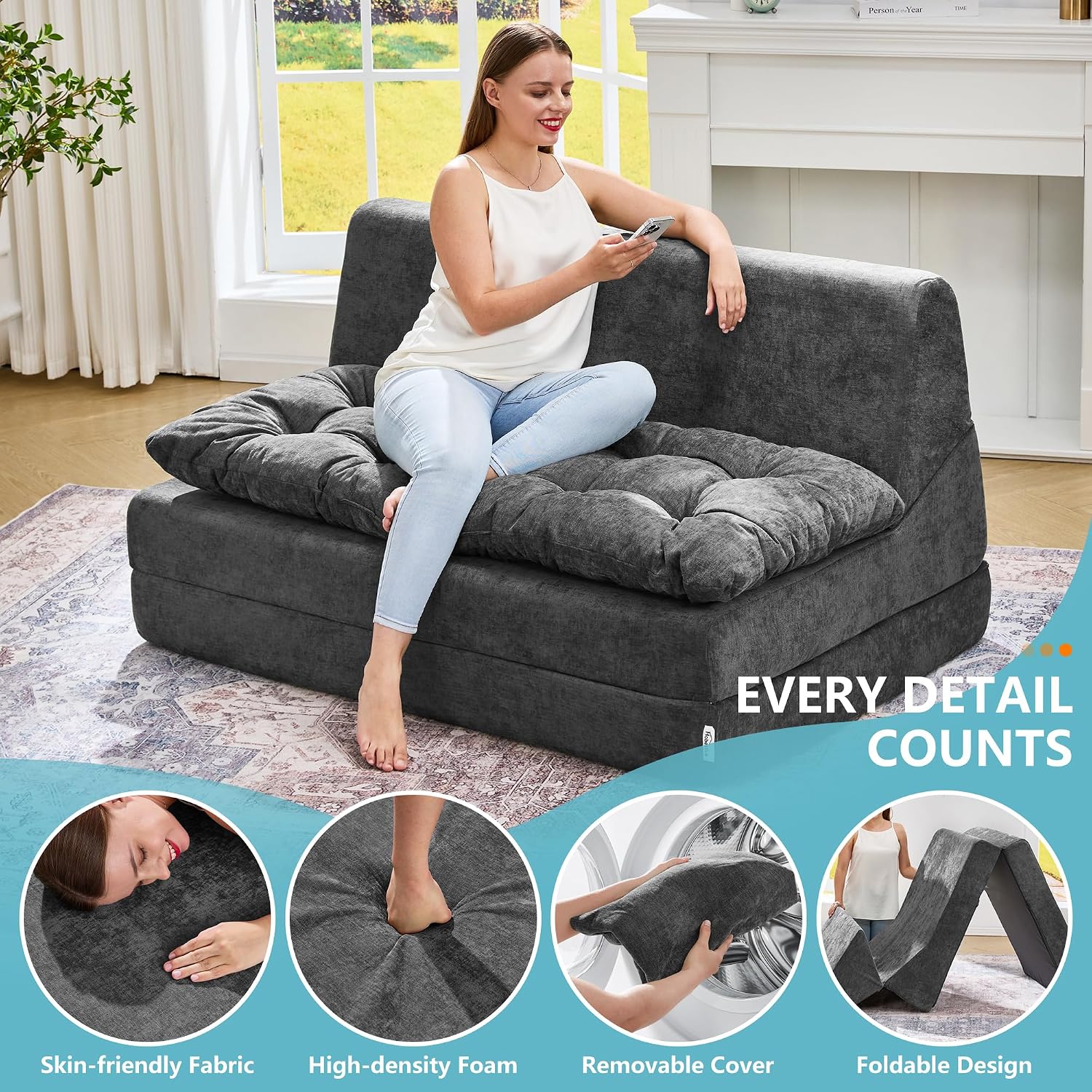 Thumbnail 4 de Hobestluk NEW096 Folding Sofa Bed, Graphite Chenille Floor Lounger