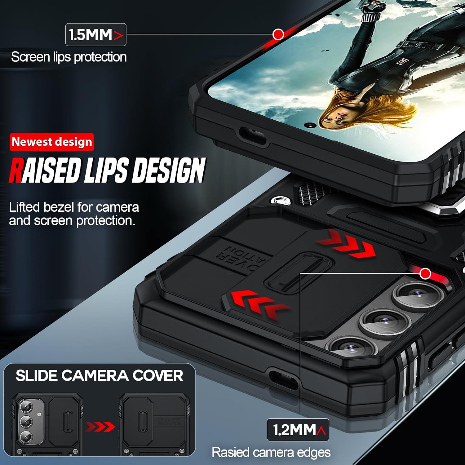 Thumbnail 3 de LeYi Galaxy S25 case with sliding camera lens cover and rotatable ring stand (black)