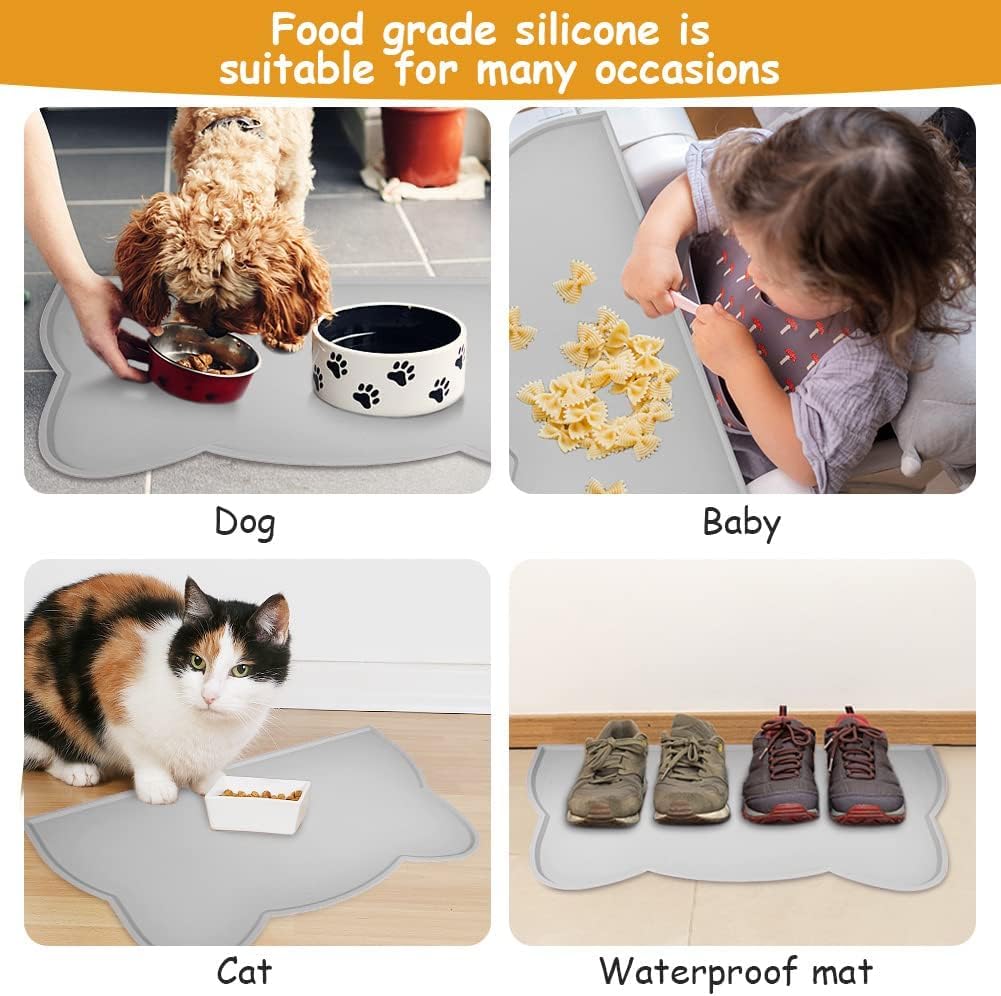 Detalle de VSSHE Tappetino Ciotola per Cani e Gatti in Silicone 44 x 25 cm – Antiscivolo e Impermeabile, Grigio