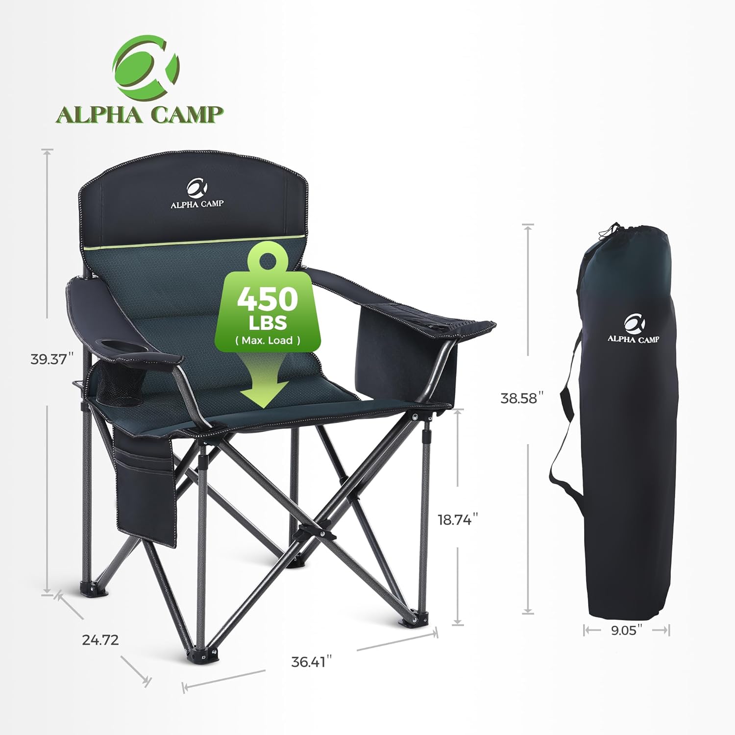 Detalle de ALPHA CAMP Set of 2 Heavy-Duty Camping Chairs for Adults – Up to 200 kg (Green)