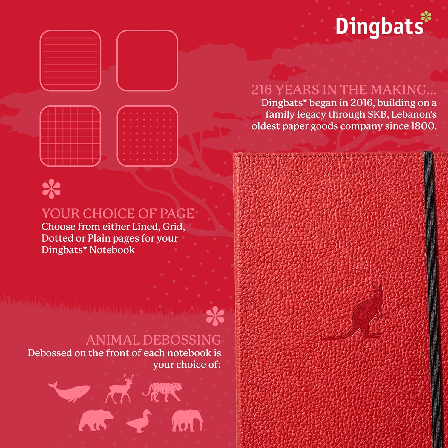 Detalle de Dingbats* A5 Blanko Notizbuch mit Hardcover aus veganem Leder, Stifthalter & Gummiband