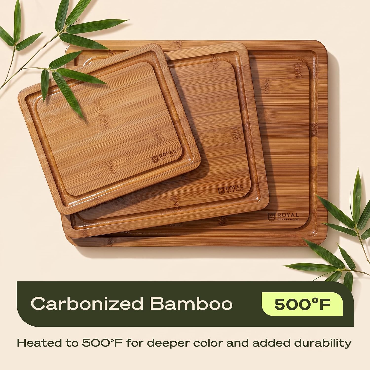 Detalle 1 de ROYAL CRAFT WOOD Carbonized Brown Cutting Board Set, 3-Piece Bamboo