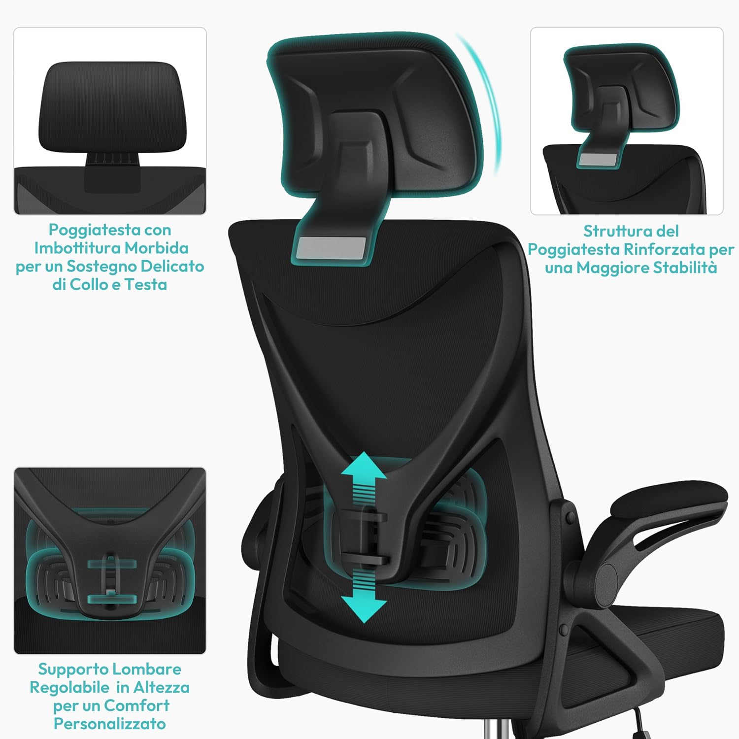 Thumbnail 3 de Yaheetech Sedia Ufficio Ergonomica con Braccioli e Poggiatesta Regolabile – Schienale Alto, Dondolo, Rete Traspirante e Supporto Lombare