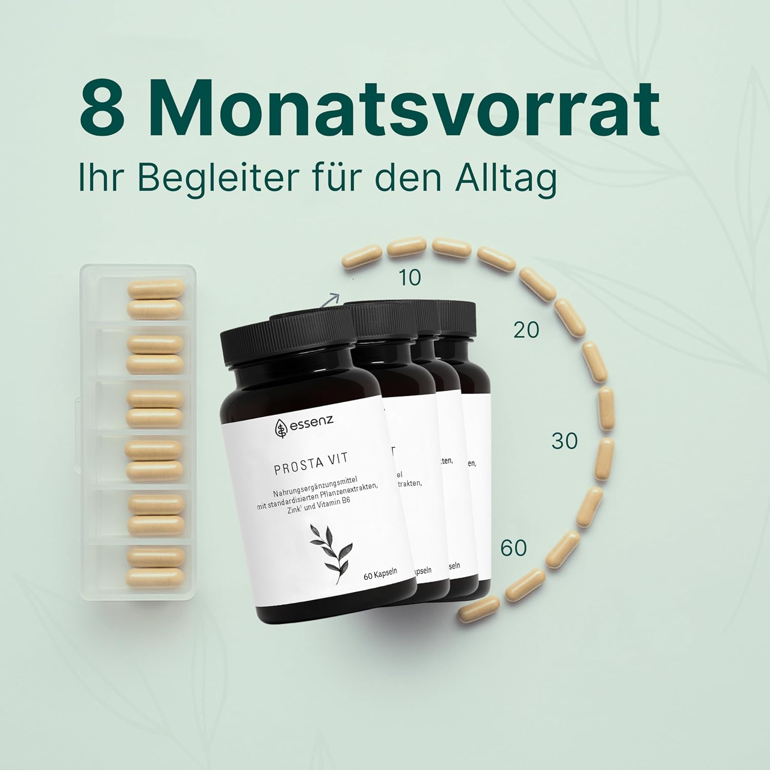 Thumbnail 3 de ESSENZ Prosta Vit Kapseln (4x60) – natürliche Prostata-Unterstützung mit Kürbiskern-, Sägepalm- & Brennnesselwurzelextrakt