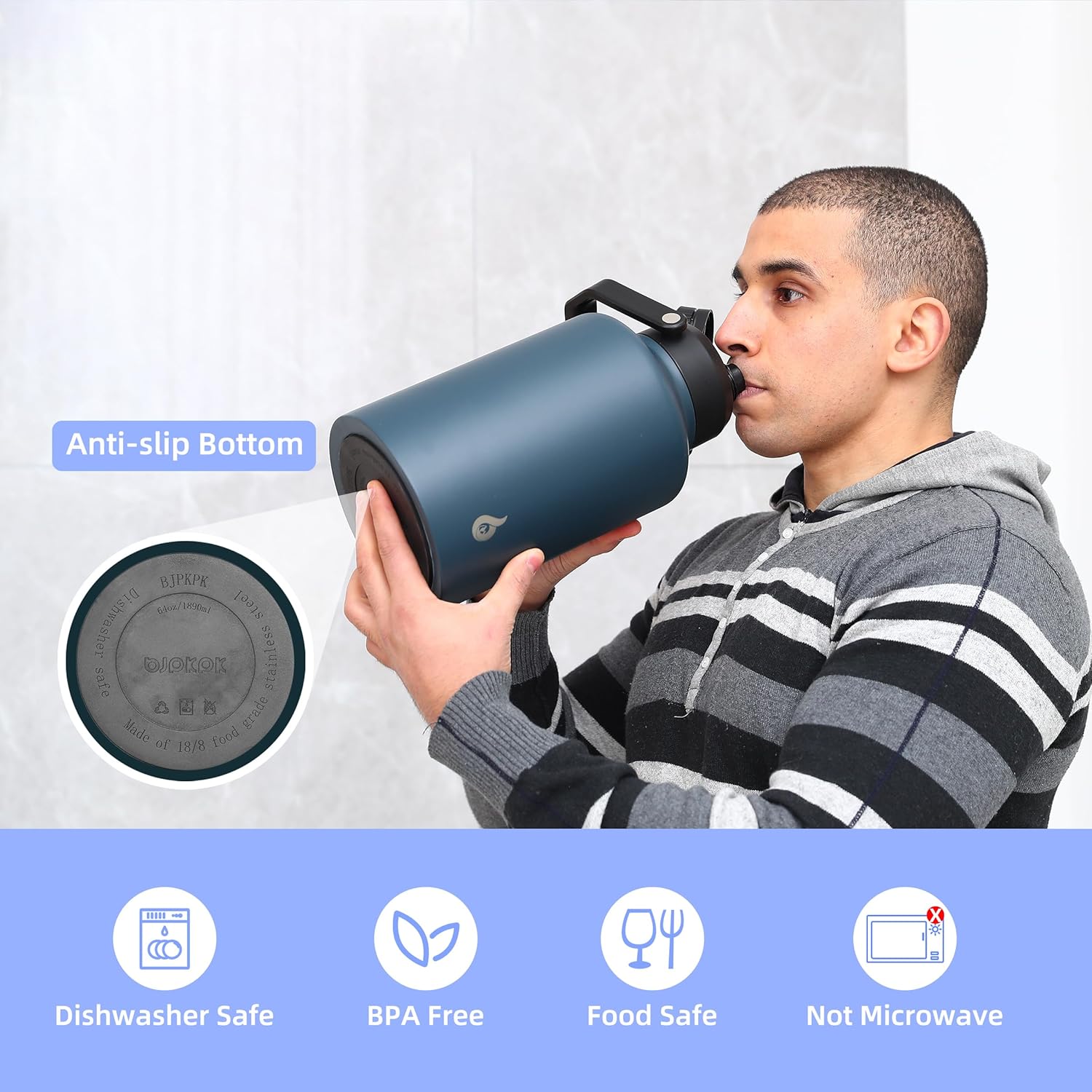 Detalle de BJPKPK 64 oz Insulated Water Bottle – Half Gallon Stainless Steel Jug with Ergonomic Handle
