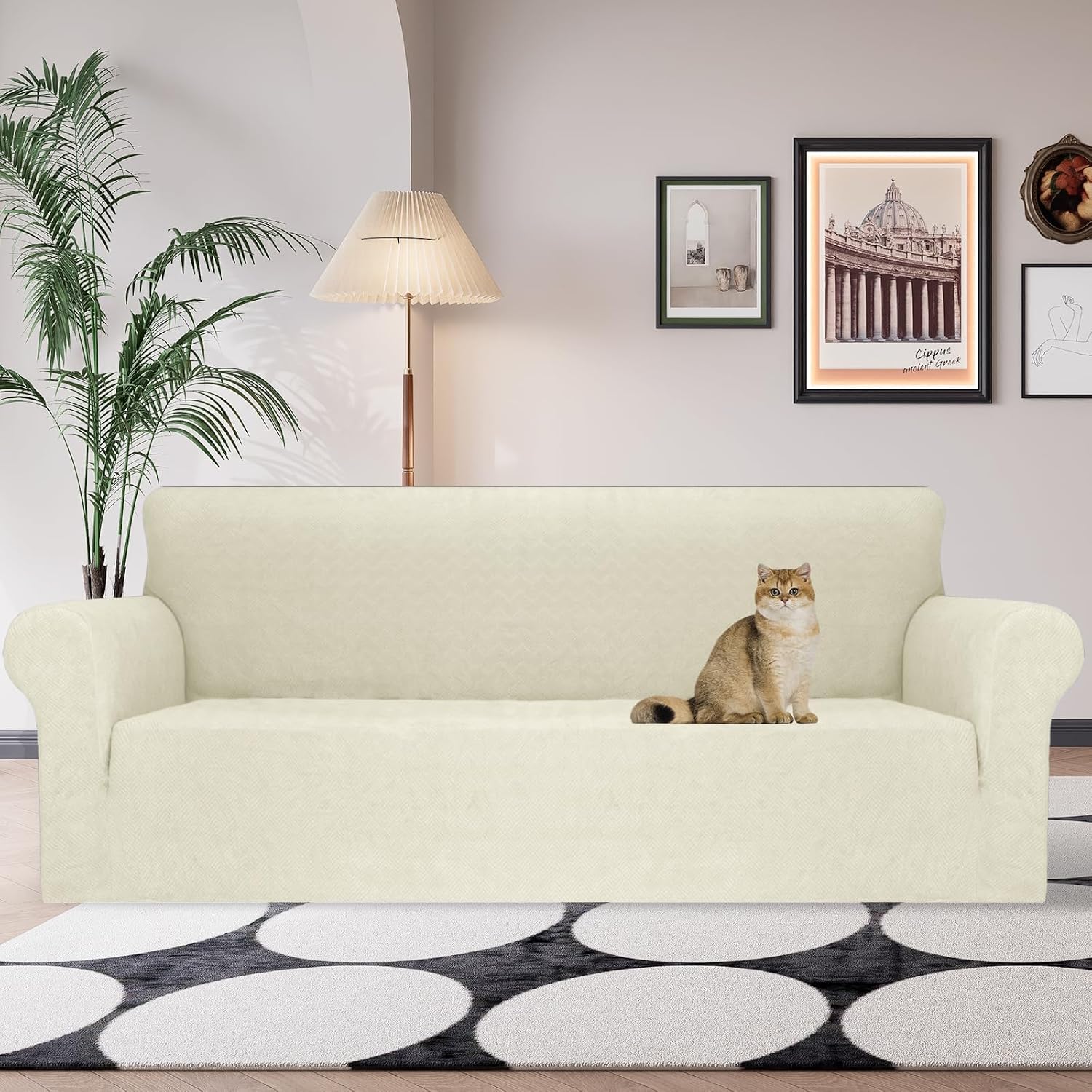 Detalle de Housse Canapé Extensible Ystyle 4 Places avec Accoudoirs – Beige