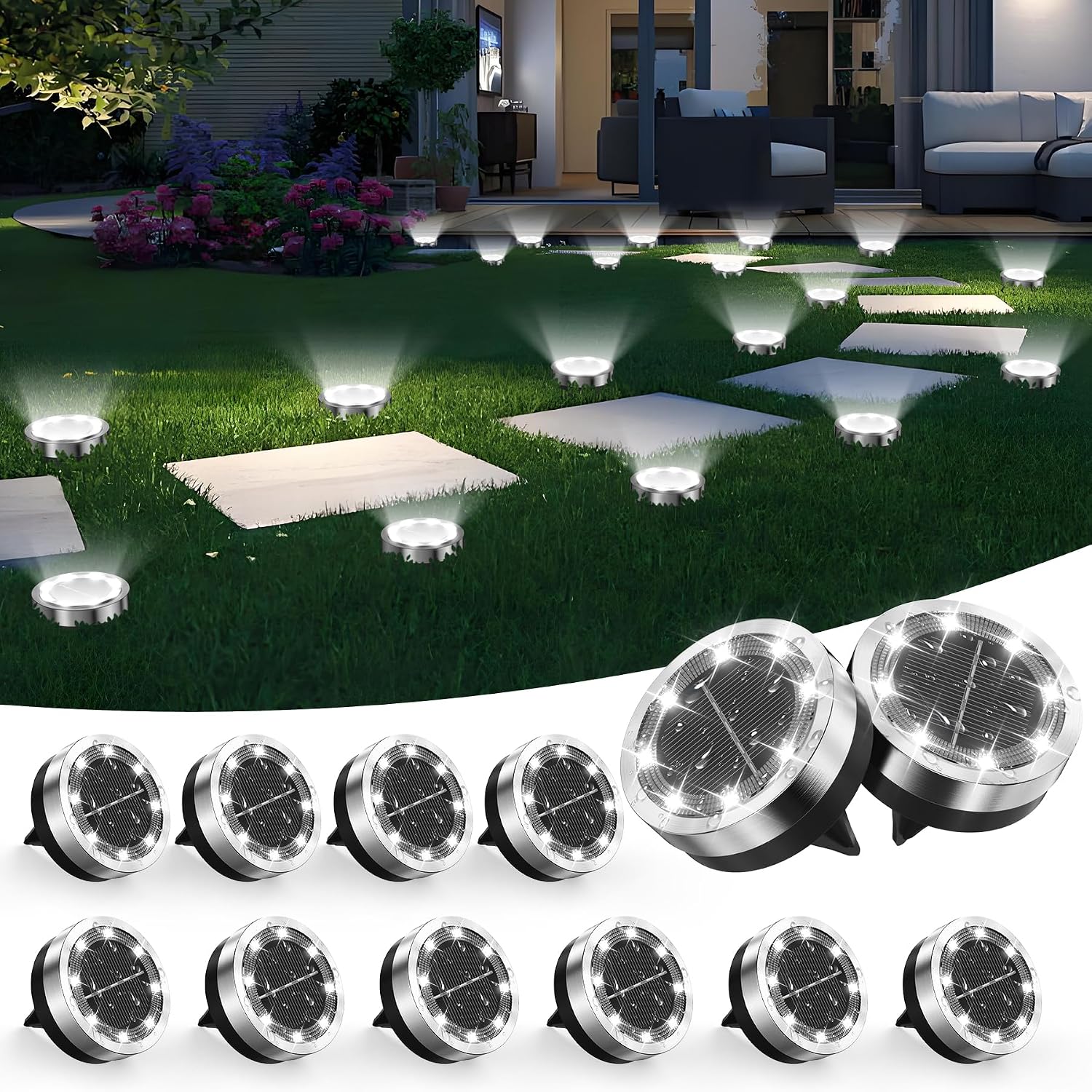 Detalle de Dankeled Solar Ground Lights for Outdoor Gardens (12 Pack) – 8 LEDs Each, IP65 Waterproof Pathway & Lawn Lighting