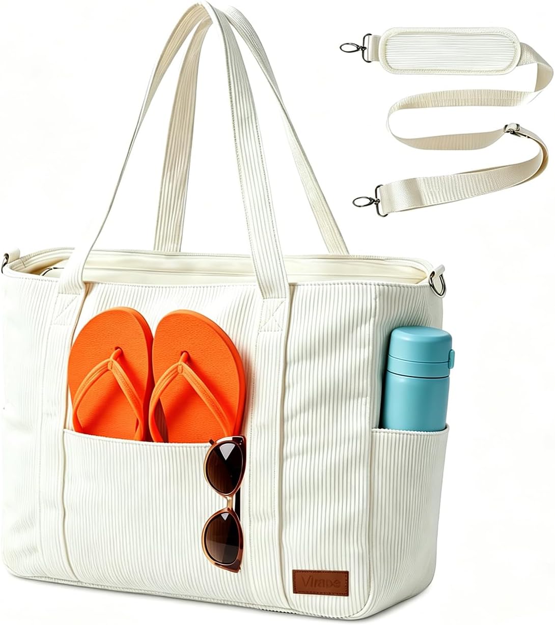 Detalle de Virape Strandtasche XXL Familie mit Reißverschluss – Wasserdichter Innenraum, Kordelstoff, 42×39×18 cm