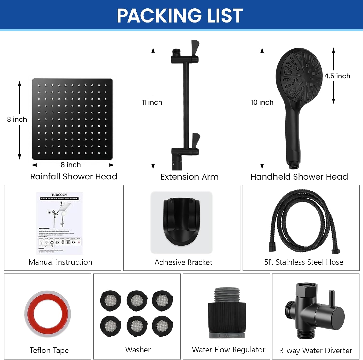 Thumbnail 6 de Tudoccy SHP-HS Shower Head Combo (8" Rainfall + Handheld) in Matte Black with 11" Extension Arm