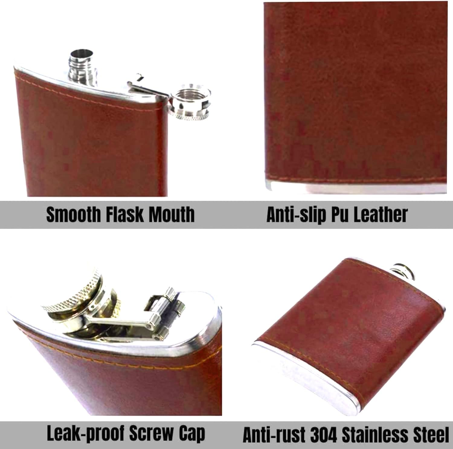 Detalle de Hip Flask Set with Funnel and Shot Glasses, 8 oz Stainless Steel & PU Leather – Leak-Proof, Brown (Holy Water) – Ideal Gift