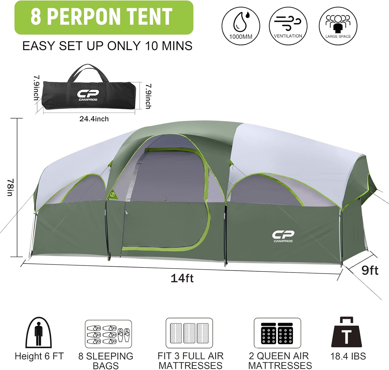 Detalle 2 de CAMPROS CP Tent 8 Person 72in Center Height