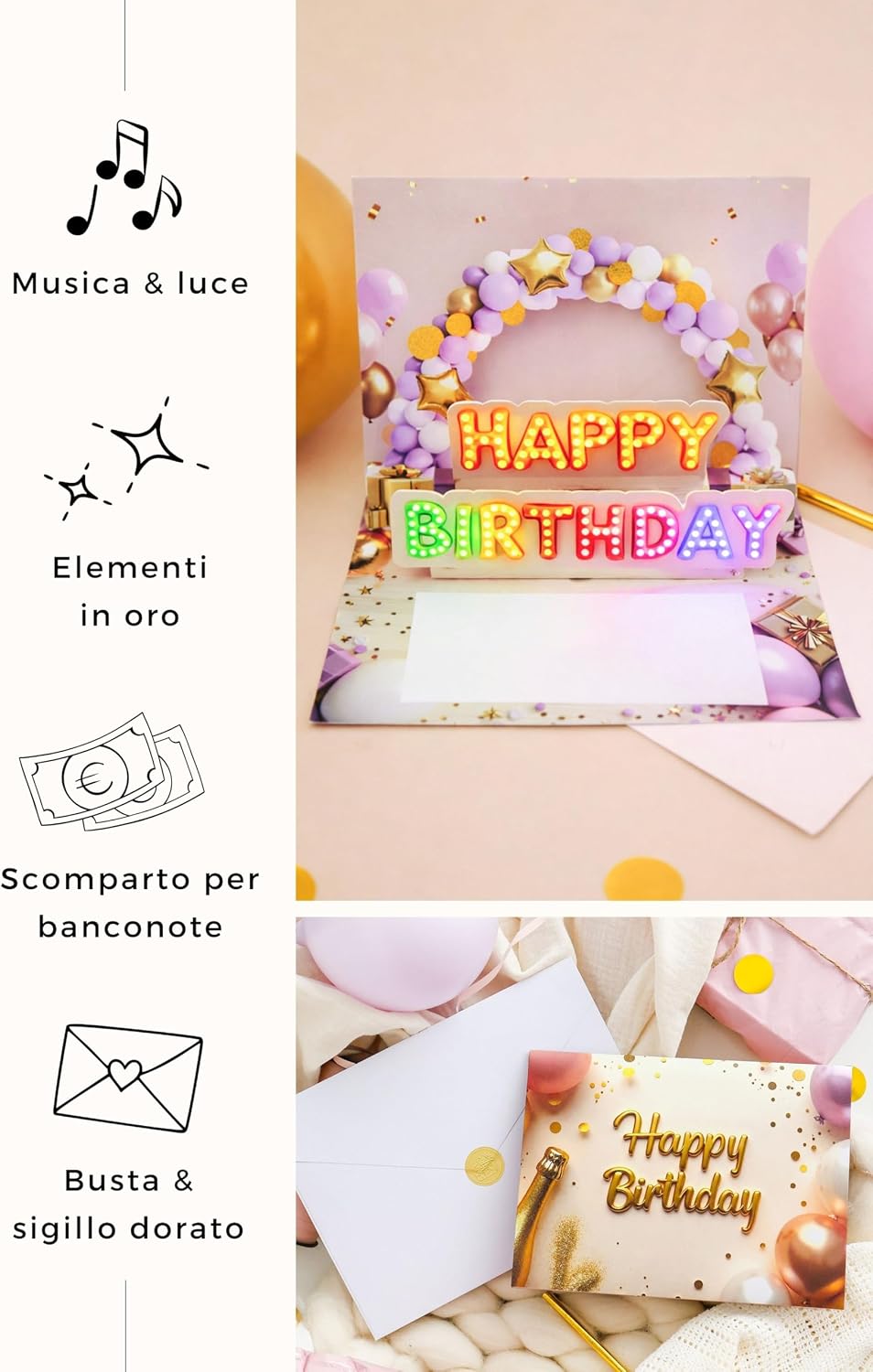 Detalle 2 de Joli Coon Biglietto auguri compleanno con musica e luce – biglietto pop-up 3D per donna, busta e sigillo