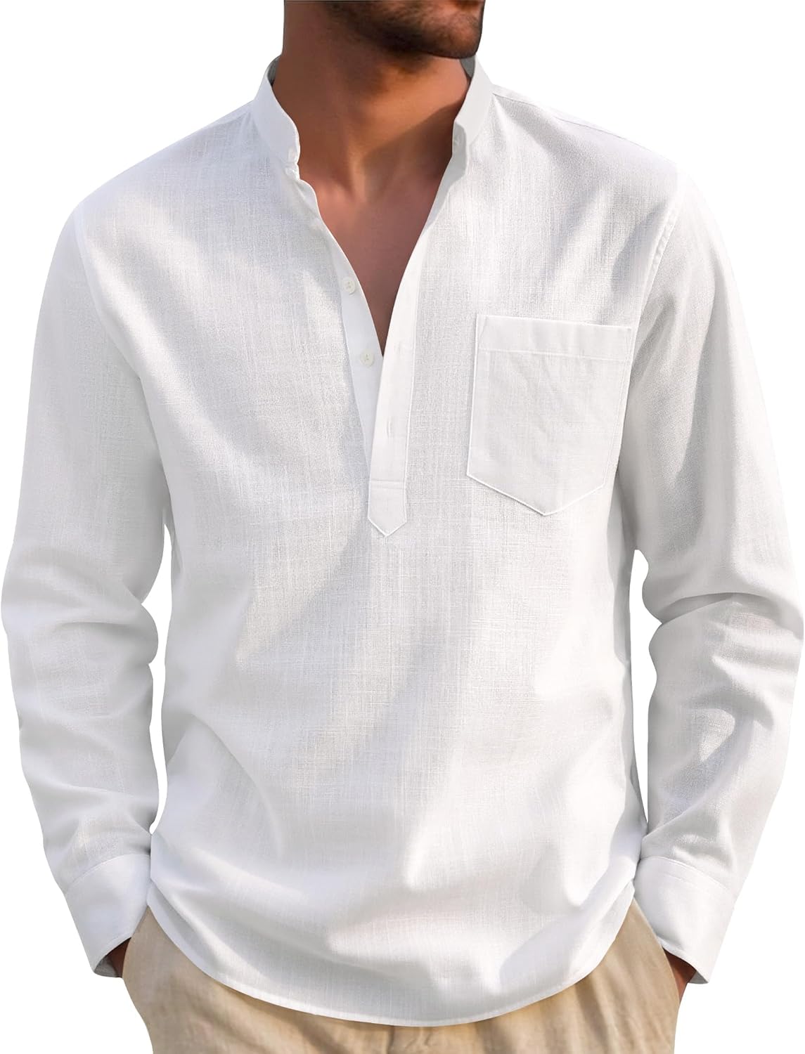 Detalle de J.VER Hemd Herren – Baumwolle-Leinen-Henley Langarm im Regular Fit