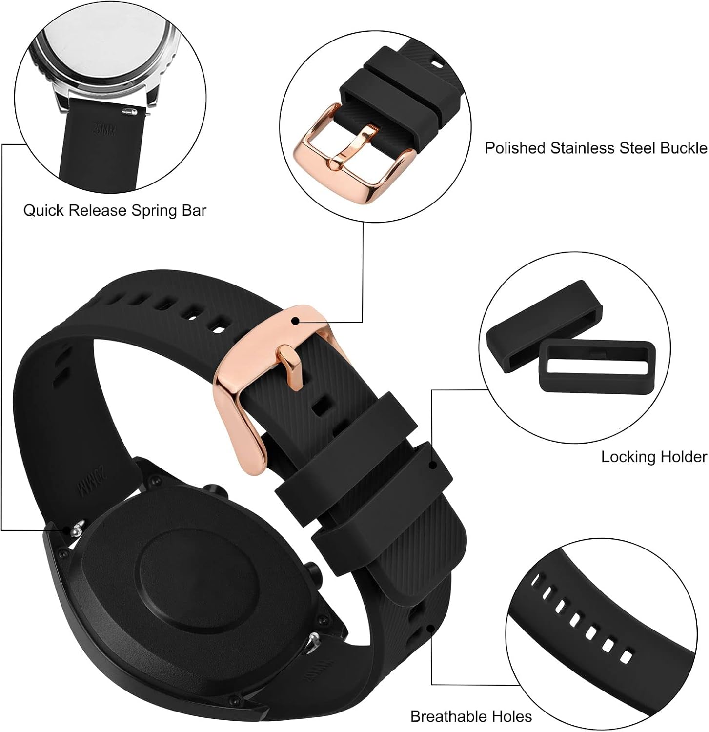 Detalle 2 de Bracelet de montre BISONSTRAP en silicone à dégagement rapide (18 à 22 mm) pour hommes et femmes