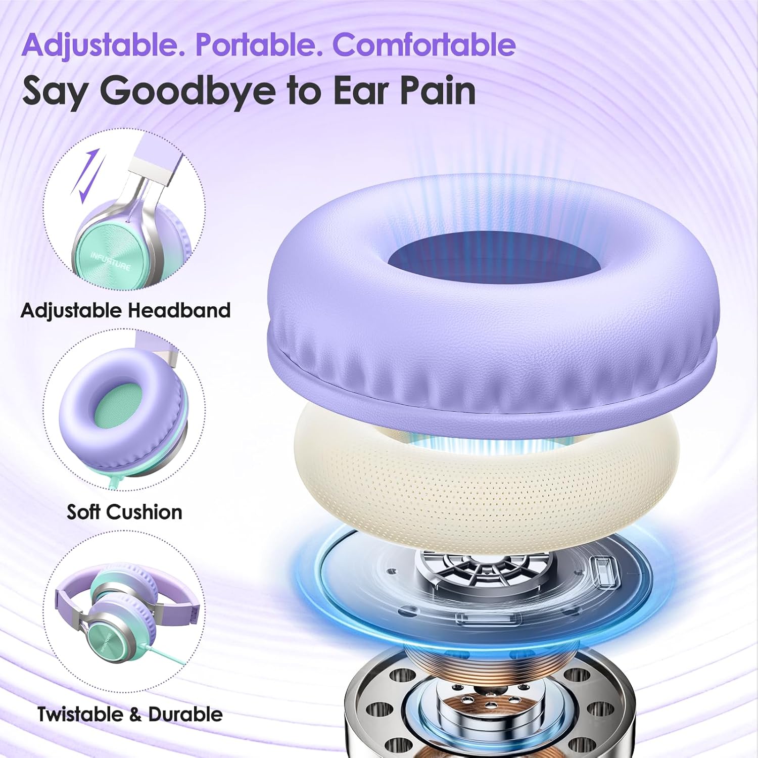 Detalle de INFURTURE USB-C Headphones with Microphone: Foldable, Tangle-Free, Over-Ear USB-C Audio