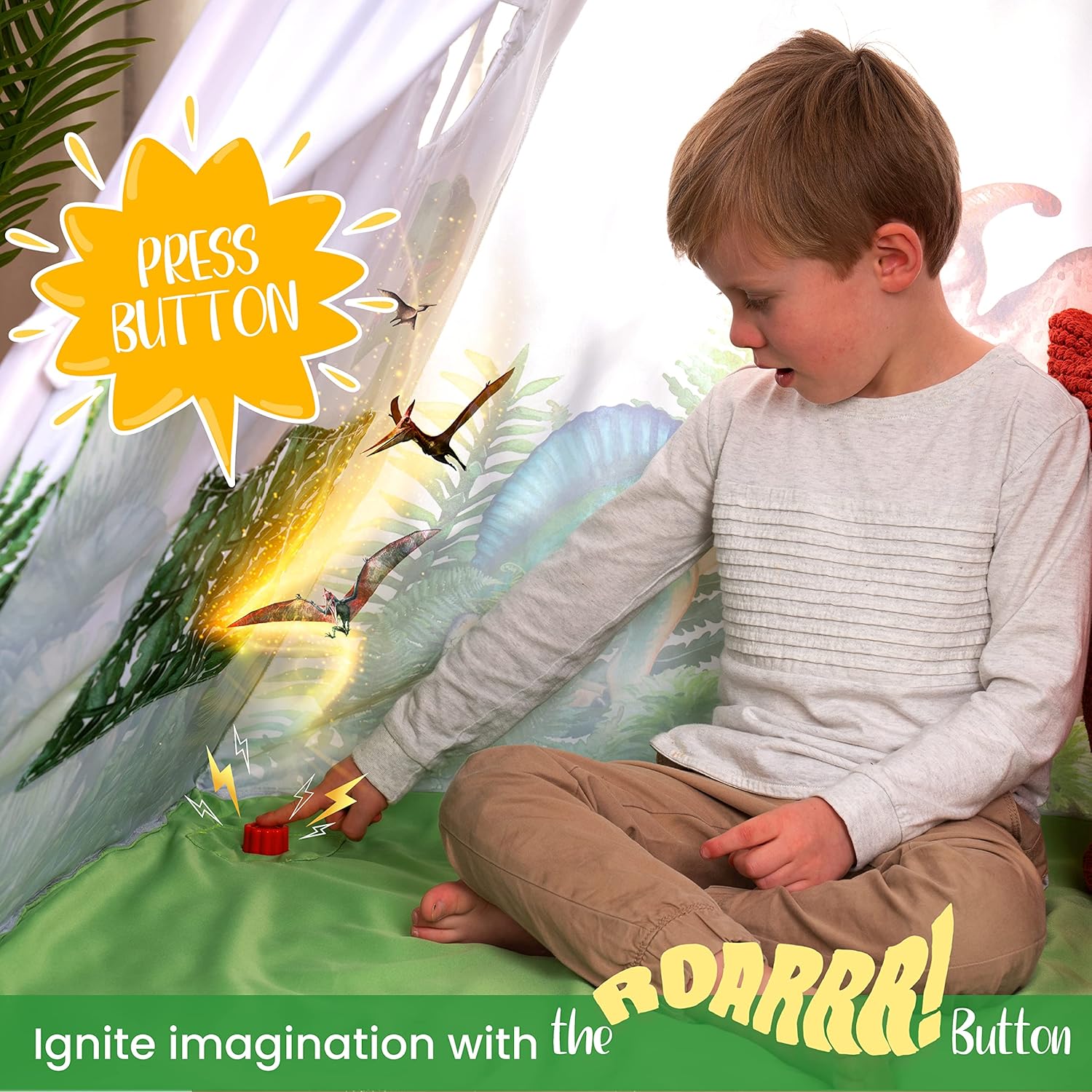 Detalle de W&O Dinosaur Discovery Teepee with Roar Button, LED Lights & Plush Mat