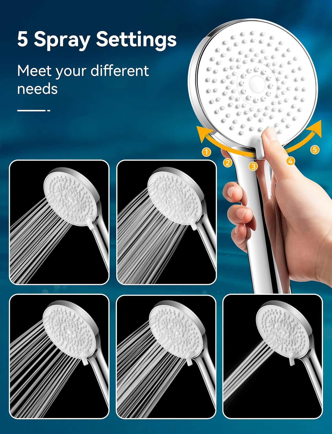 Detalle 2 de Magichome High Pressure Shower Head with 5 Modes – Universal Fit, Anti-Block Silicone Nozzles